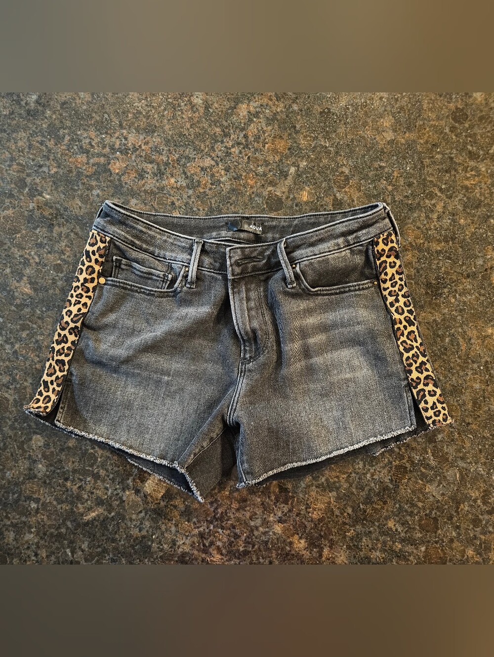 Aqua Black Denim Shorts with Leopard Side Panels